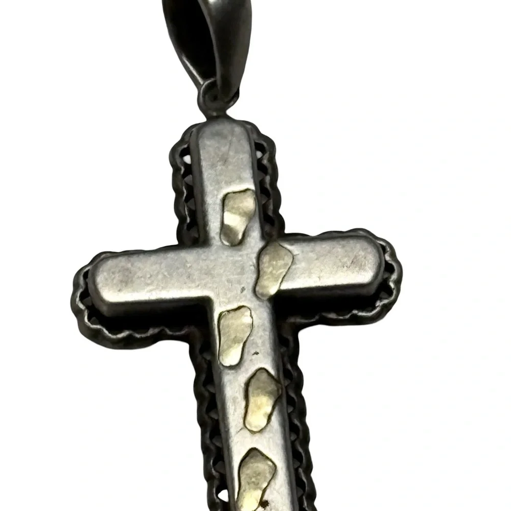 14k Gold & Sterling Silver JCM 3 Dimensional Footsteps Cross Religious Pendant
